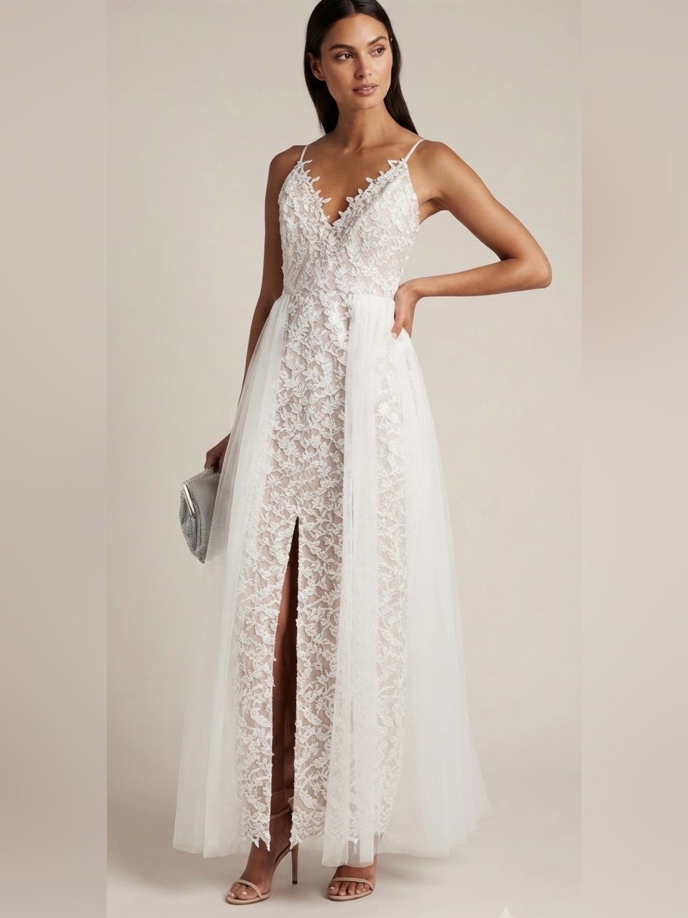 Aidan Mattox White Embroidered Lace V-Neck Gown NWT Size 6 Wedding Formal - Picture 1 of 9